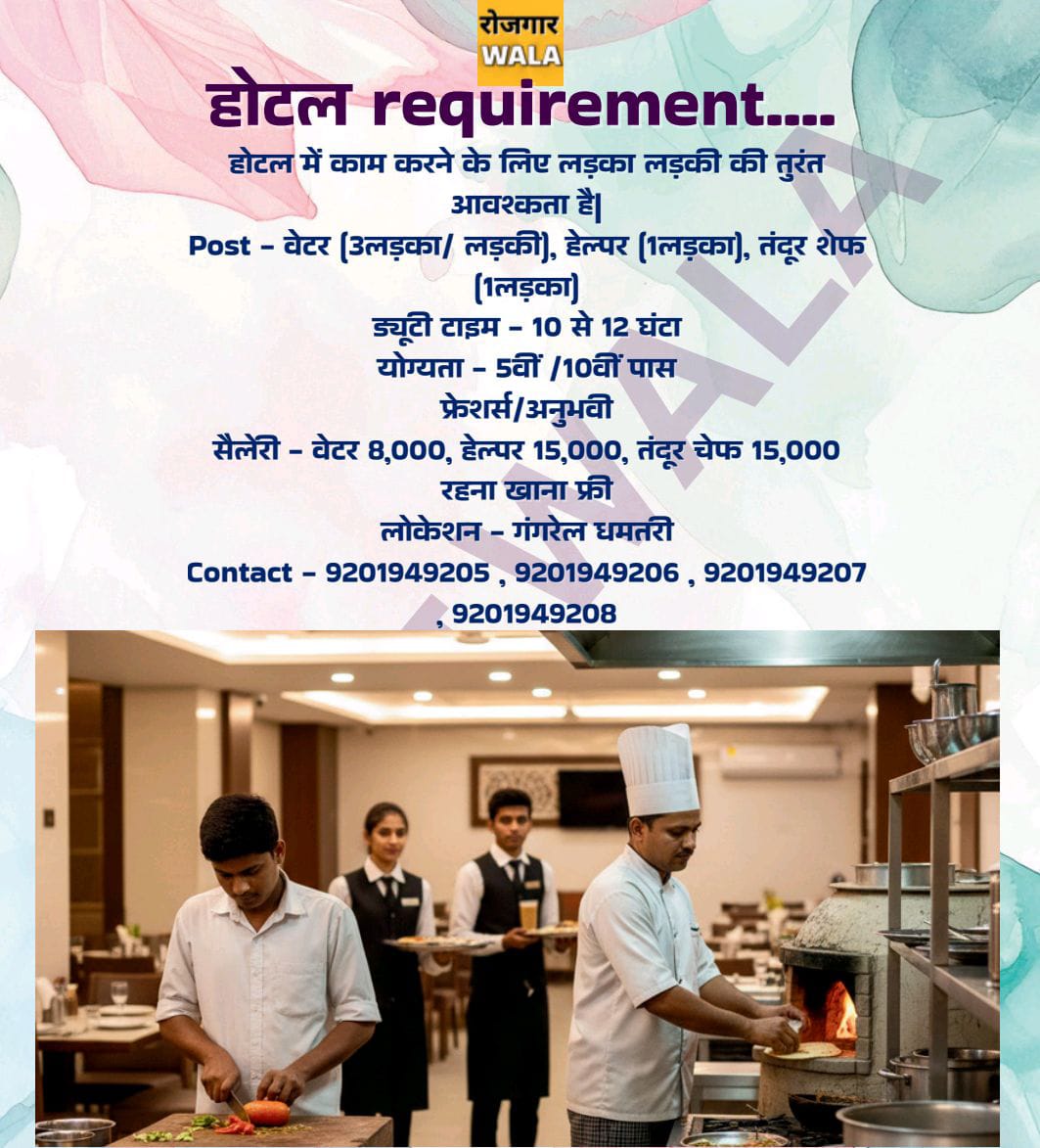 HOTEL ME witer, helper, tandoor chef KI AVASHYAKTA HAI