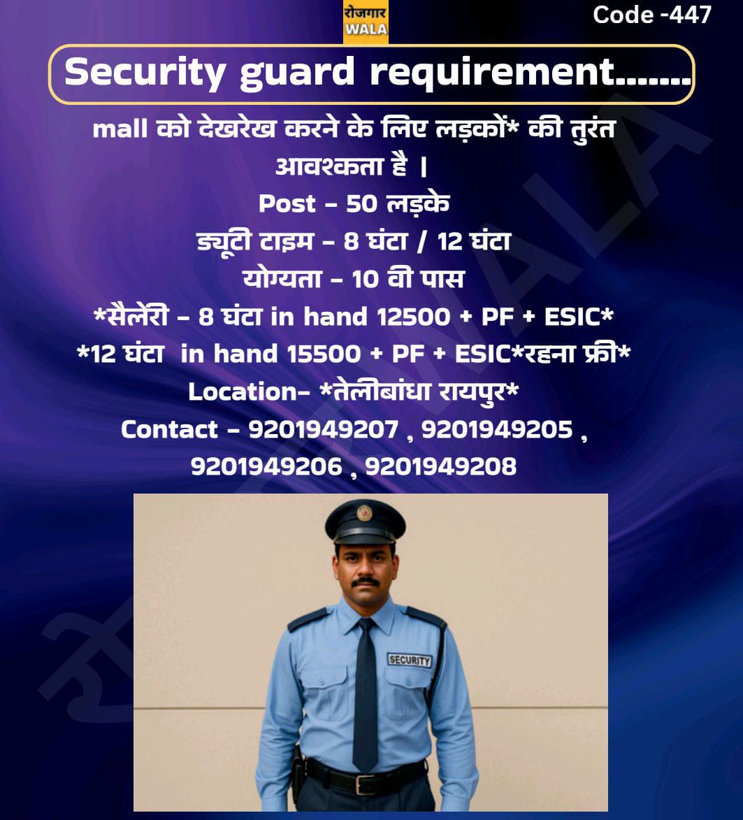 मॉल सिक्योरिटी गार्ड 15000+PF+ESIC+रहना फ्री